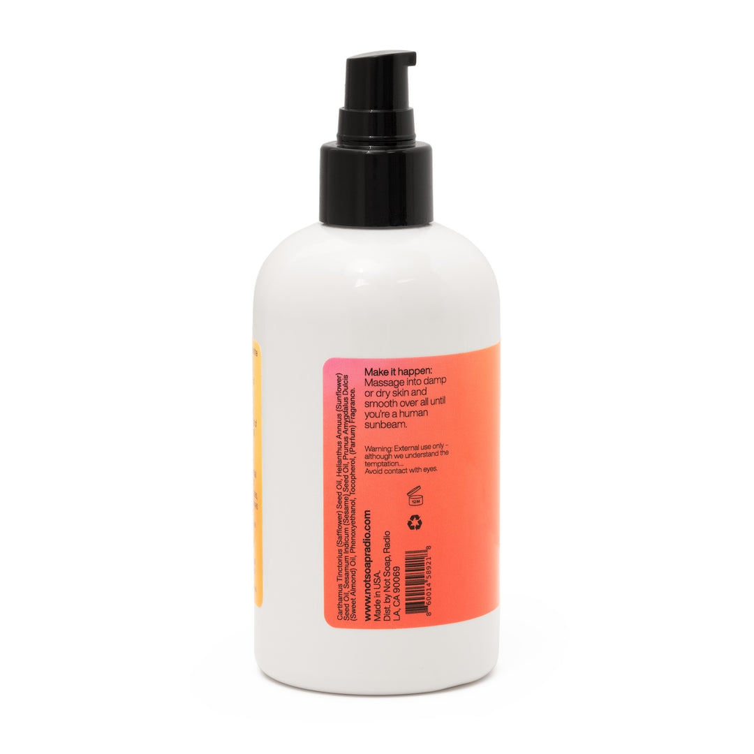 Back of Not Soap Radio Farm to Bottle Harvest peach body oil bottle showing directions and ingredients