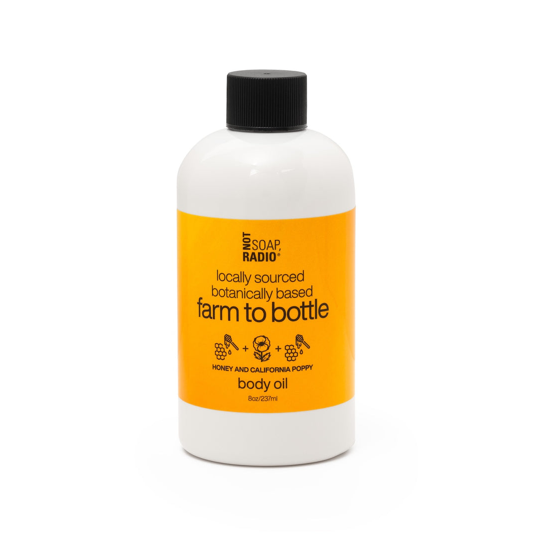 Farm to Bottle Honey and California Poppy Body Oil, a nourishing blend of essential oils and natural botanicals for glowing skin. With optional screw on cap.