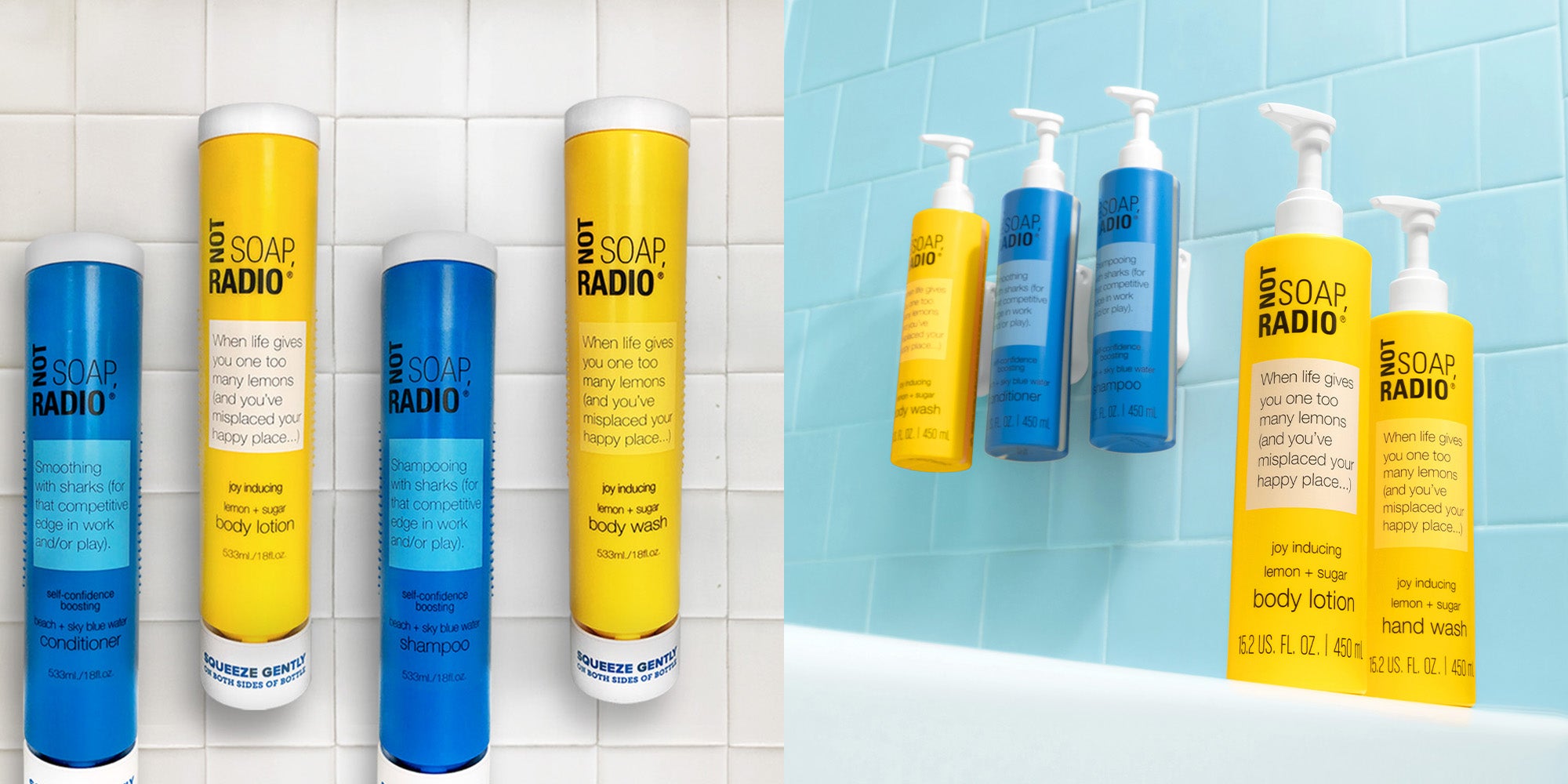 Not Soap Radio's hotel wall mounted bath and body care collection, featuring lemon +sugar scented body wash, lotion and hand wash, as well as beach scented shampoo and conditioner.