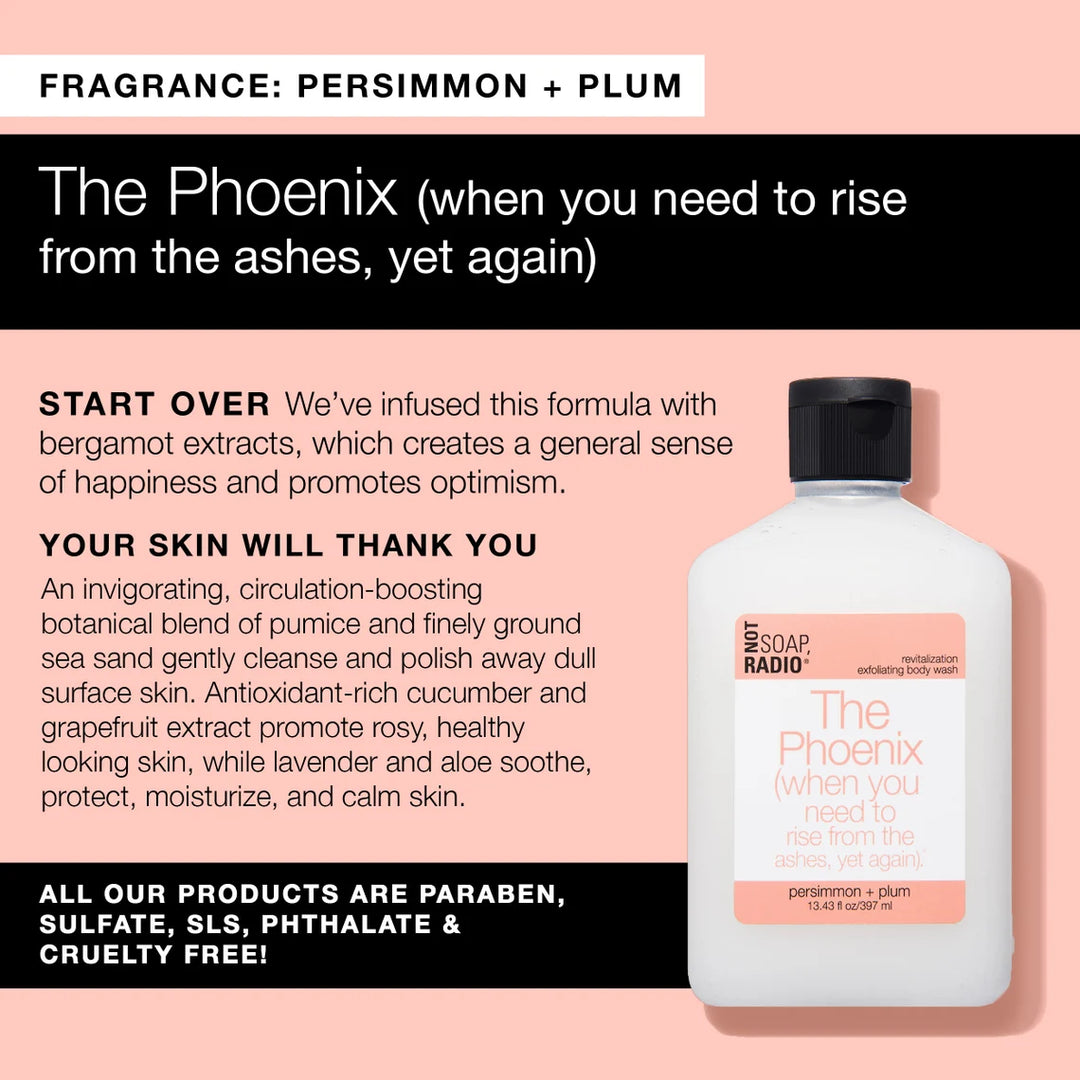 An infographic explaining the benefits of the Phoenix body scrub, which is infused with bergamot to create a general sense of happiness and promote optimism.