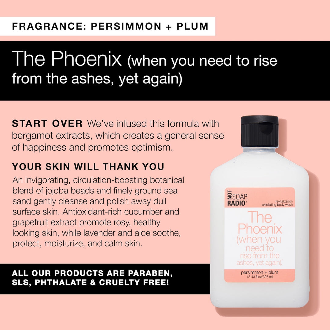 An infographic explaining the benefits of the Phoenix body scrub, which is infused with bergamot to create a general sense of happiness and promote optimism.