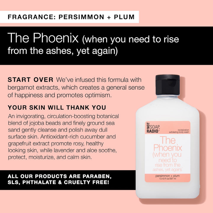 An infographic explaining the benefits of the Phoenix body scrub, which is infused with bergamot to create a general sense of happiness and promote optimism.