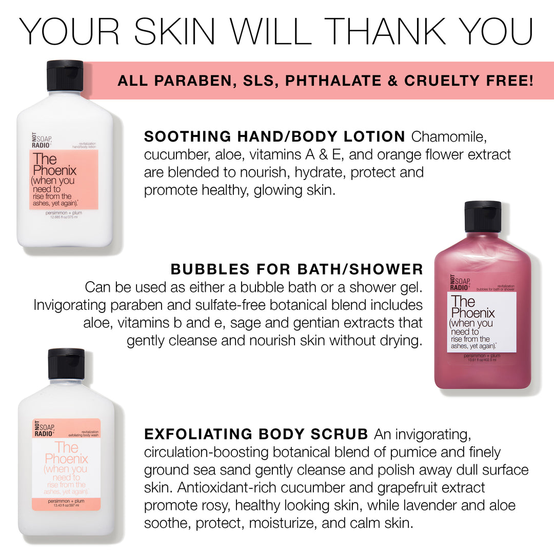 Trio: The Phoenix: bubbles for bath/shower, hand/body lotion and exfoliating body wash