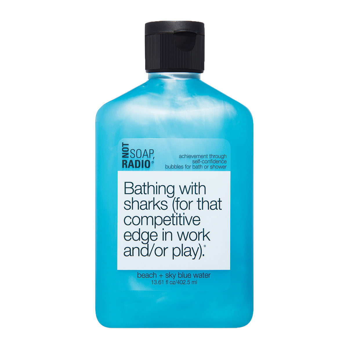 A confidence boosting beach and sky blue water scented bubble bath gel on a white background.