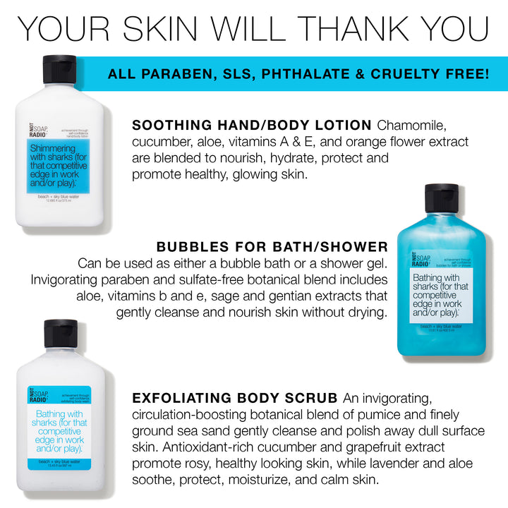 Trio: Bathing with sharks: bubbles for bath/shower, hand/body lotion and exfoliating body wash