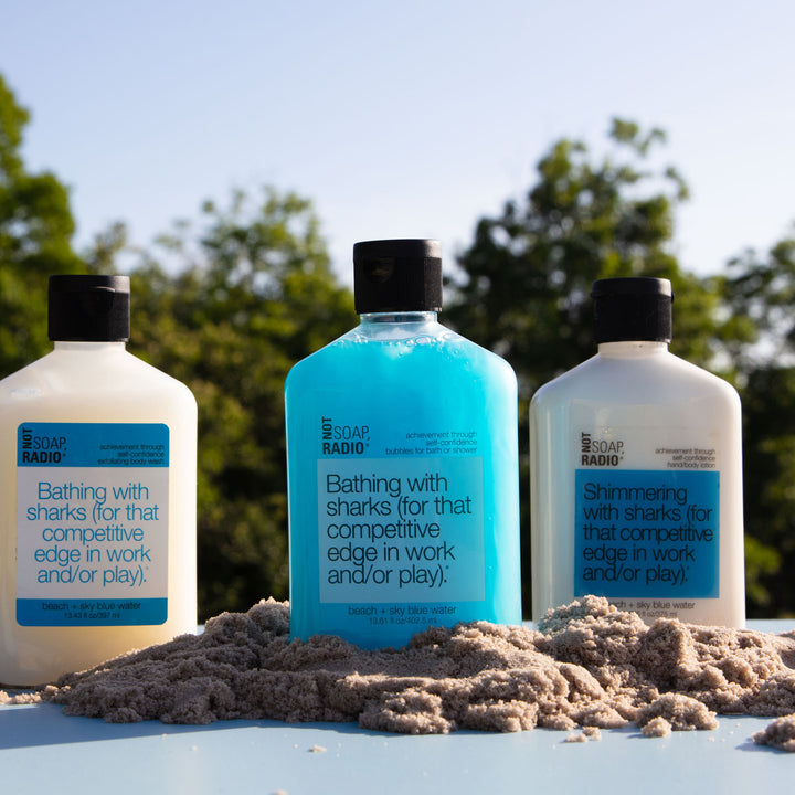 Trio: Bathing with sharks: bubbles for bath/shower, hand/body lotion and exfoliating body wash