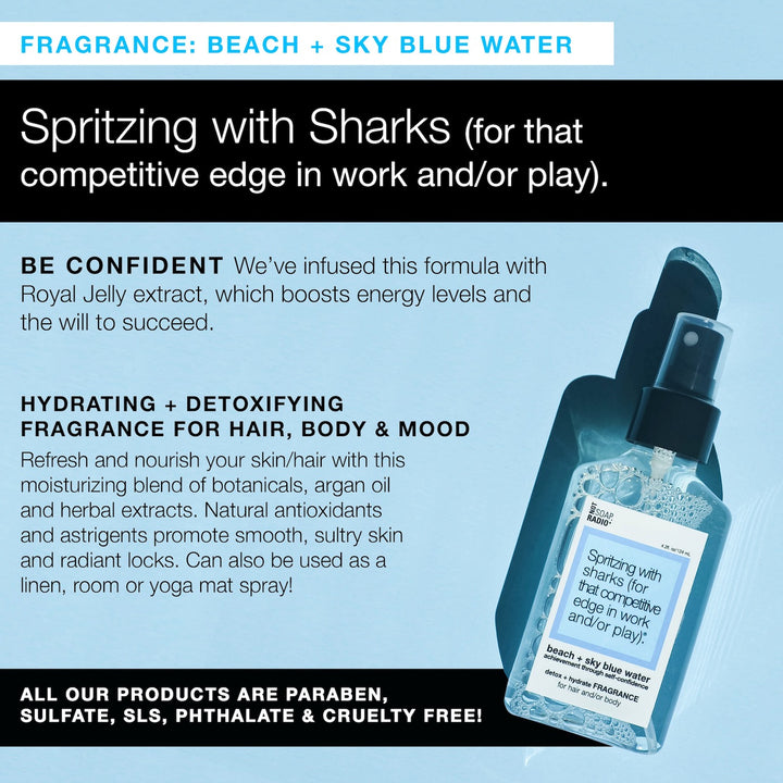 Spritzing with sharks (for that competitive edge in work and/or play). <b>fragrance</b>