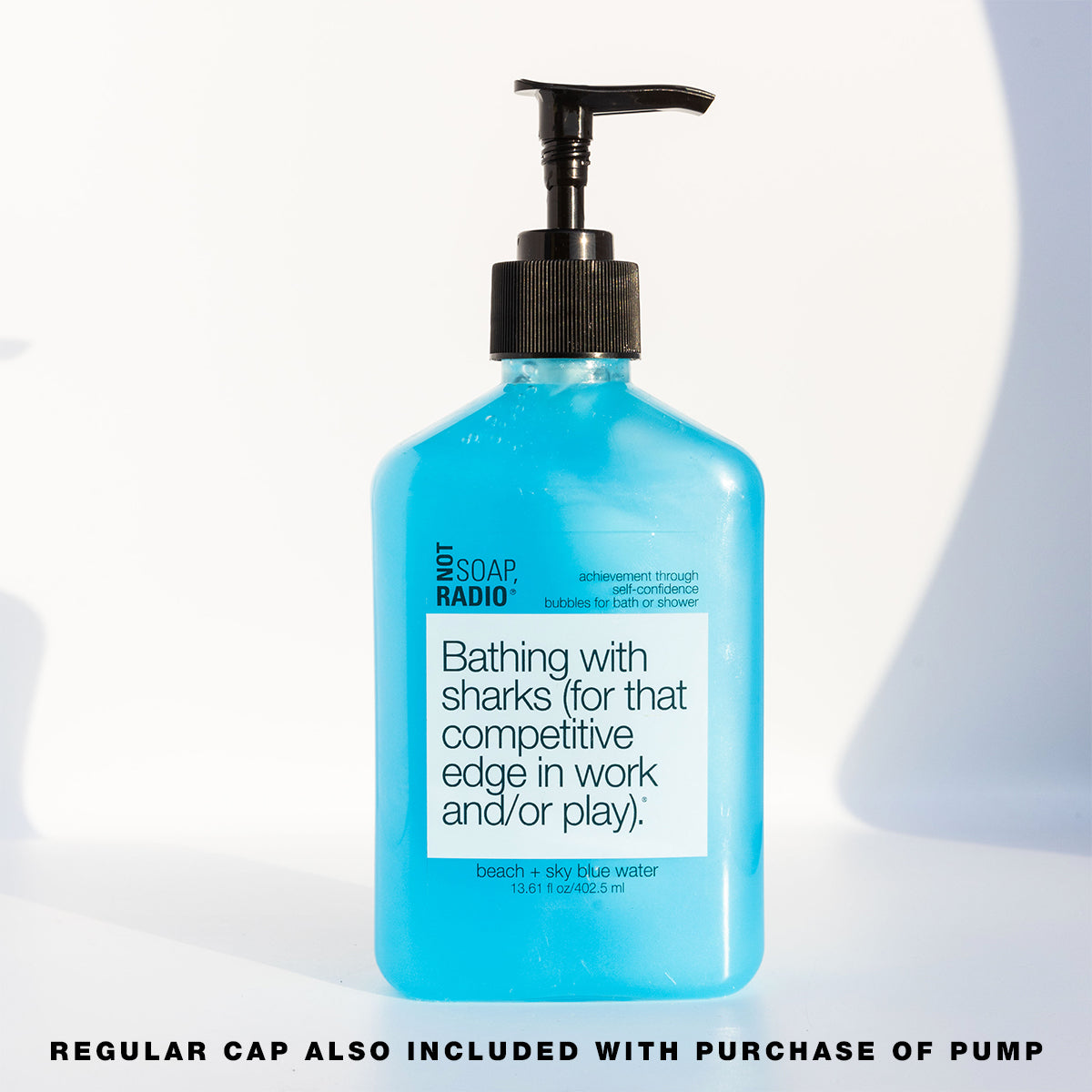 A self-confidence based shower gel featuring a pump option for the bottle upon purchase.