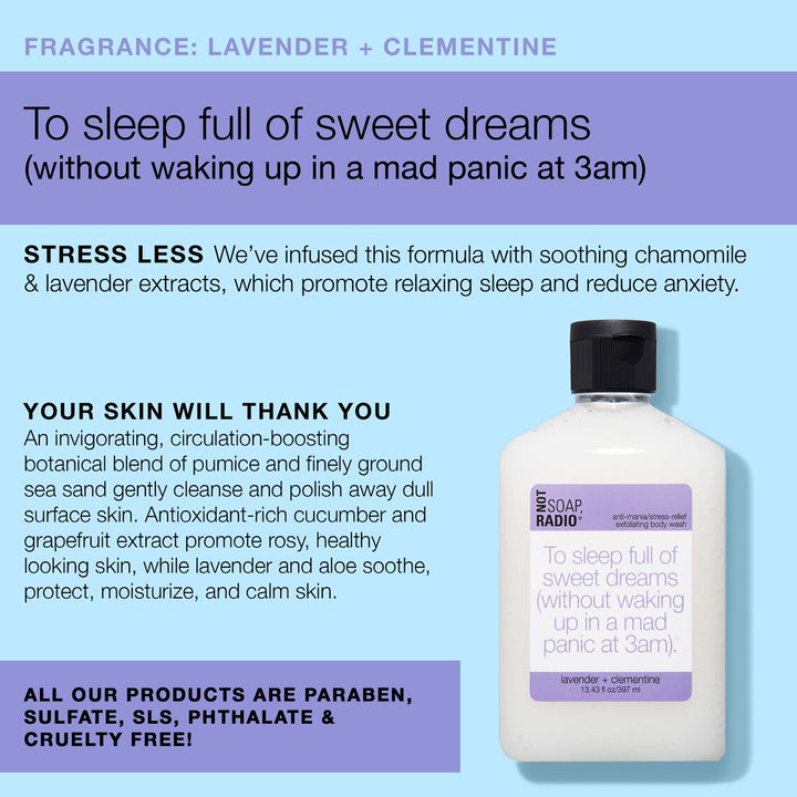 An infographic explaining that the body wash is infused with chamomile and lavender extracts to promote soothing sleep/anxiety relief. It also explains the benefits of this invigorating, circulation-boosting botanical blend 