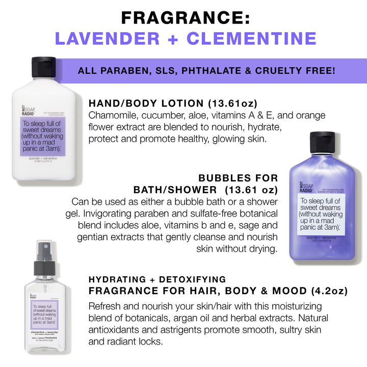 Hero bundle / gift set: detox + hydrate fragrance, bath/shower gel, hand/body lotion in To sleep full of sweet dreams…