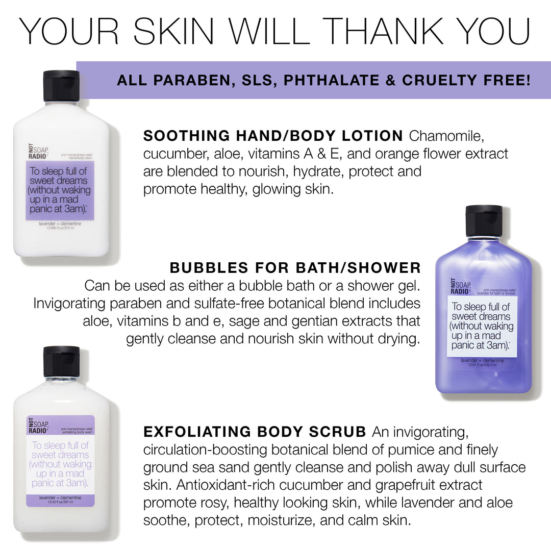 Trio: To sleep full of dreams: bubbles for bath/shower, hand/body lotion and exfoliating body wash