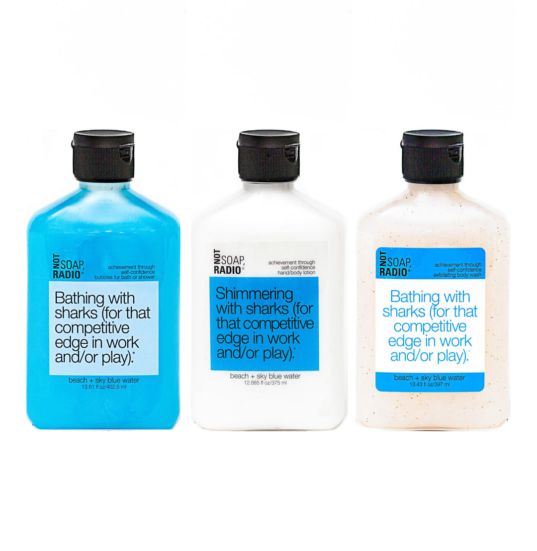 Trio: Bathing with sharks: bubbles for bath/shower, hand/body lotion and exfoliating body wash - Not Soap Radio Trio