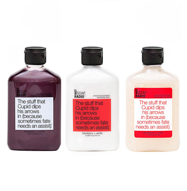 Trio: The stuff that Cupid dips his arrows in: bubbles for bath/shower, hand/body lotion and exfoliating body wash - Not Soap Radio Trio