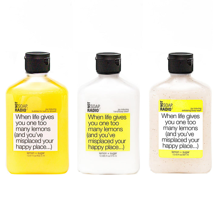 Trio: When life gives you one too many lemons: bath/shower gel, hand/body lotion and exfoliating body wash - Not Soap Radio Trio
