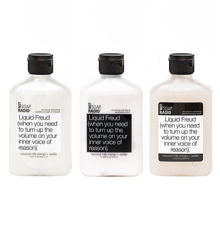 Trio: Liquid Freud: bubbles for bath/shower, hand/body lotion and exfoliating body wash - Not Soap Radio Trio