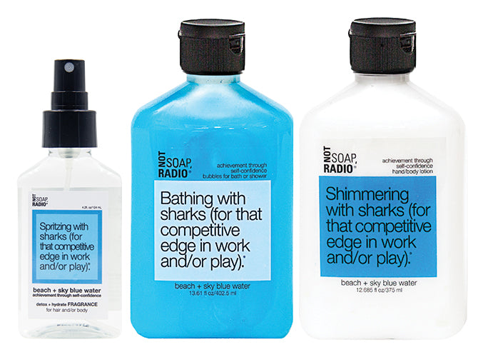 Hero bundle / gift set: detox + hydrate fragrance, bath/shower gel, hand/body lotion in Bathing with sharks… - Not Soap Radio Hero bundle