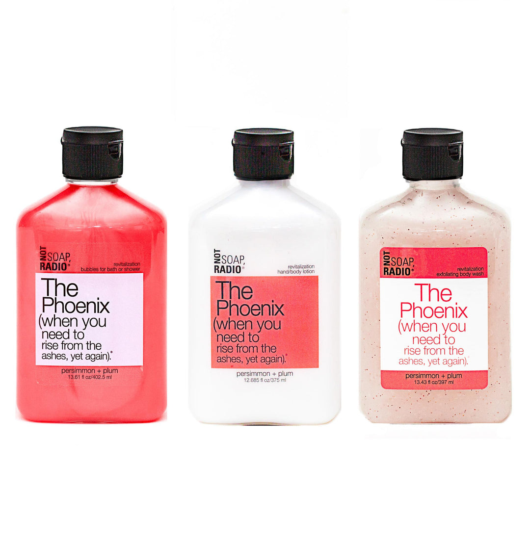 Trio: The Phoenix: bubbles for bath/shower, hand/body lotion and exfoliating body wash - Not Soap Radio Trio