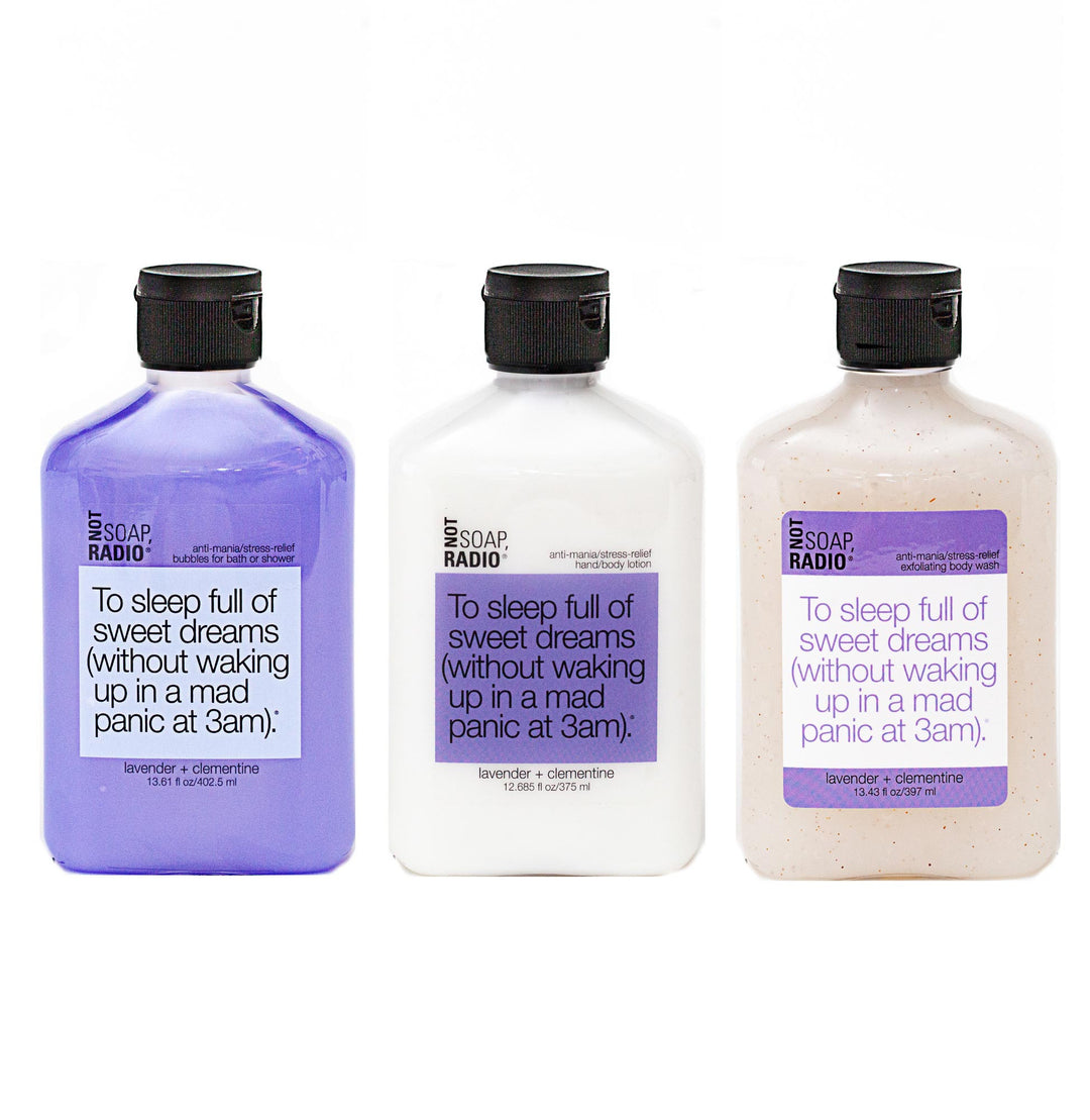 Trio: To sleep full of dreams: bubbles for bath/shower, hand/body lotion and exfoliating body wash - Not Soap Radio Trio