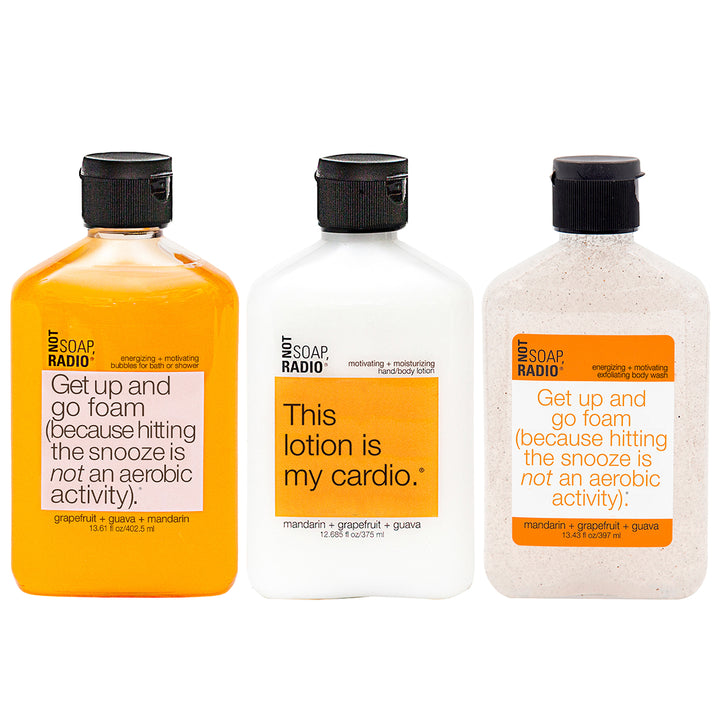 Trio: Get up and go foam: bath/shower gel, hand/body lotion and exfoliating body wash - Not Soap Radio Trio